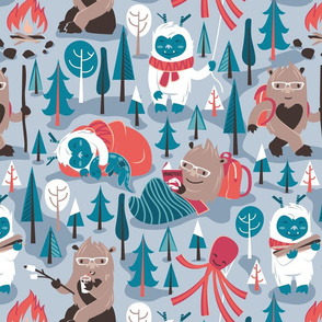 Normal scale // Besties // pastel blue background white Yeti brown Bigfoot blue pine trees red and coral details