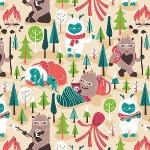Small scale // Besties // ivory background white Yeti brown Bigfoot red yellow green and teal pine trees red and coral details