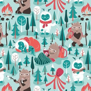 Small scale // Besties // aqua background white Yeti brown Bigfoot green and teal pine trees red and coral details