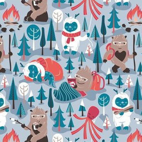 Small scale // Besties // pastel blue background white Yeti brown Bigfoot blue pine trees red and coral details