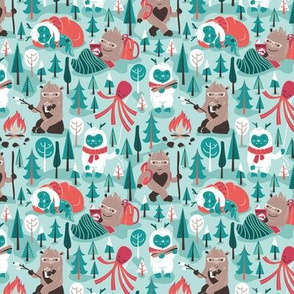 Tiny scale // Besties // aqua background white Yeti brown Bigfoot green and teal pine trees red and coral details