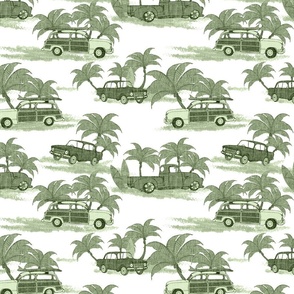 Wallpaper Vintage Beach Cars - Monochromatic Green Linen