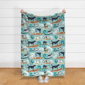 Large jumbo scale // Happy dogs catching waves // aqua background teal waves brown white and navy nile blue (update 2023) doggies orange surf and bodyboards