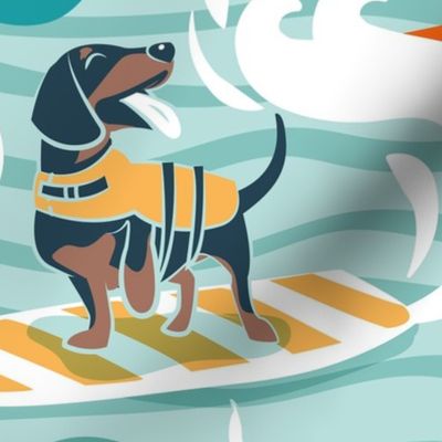 Large jumbo scale // Happy dogs catching waves // aqua background teal waves brown white and navy nile blue (update 2023) doggies orange surf and bodyboards