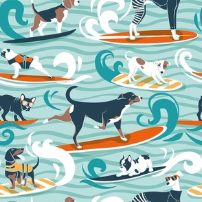 Large jumbo scale // Happy dogs catching waves // aqua background teal waves brown white and navy catalina blue doggies orange surf and bodyboards