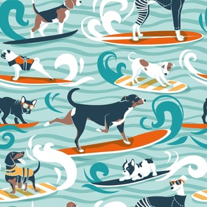 Large jumbo scale // Happy dogs catching waves // aqua background teal waves brown white and navy nile blue (update 2023) doggies orange surf and bodyboards