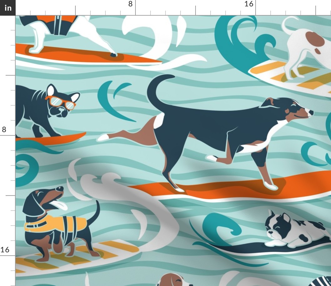 Large jumbo scale // Happy dogs catching waves // aqua background teal waves brown white and navy nile blue (update 2023) doggies orange surf and bodyboards