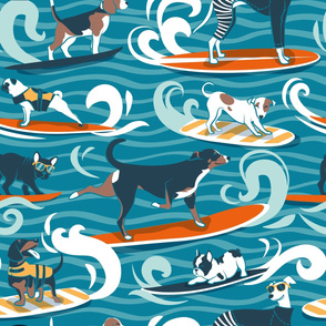 Large jumbo scale // Happy dogs catching waves // turquoise background aqua waves brown white and blue doggies orange surf and bodyboards