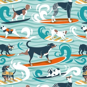 Normal scale // Happy dogs catching waves // aqua background teal waves brown white and navy nile blue (update 2023) doggies orange surf and bodyboards