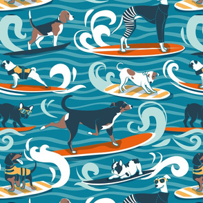 Normal scale // Happy dogs catching waves // turquoise background aqua waves brown white and nile blue doggies orange surf and bodyboards