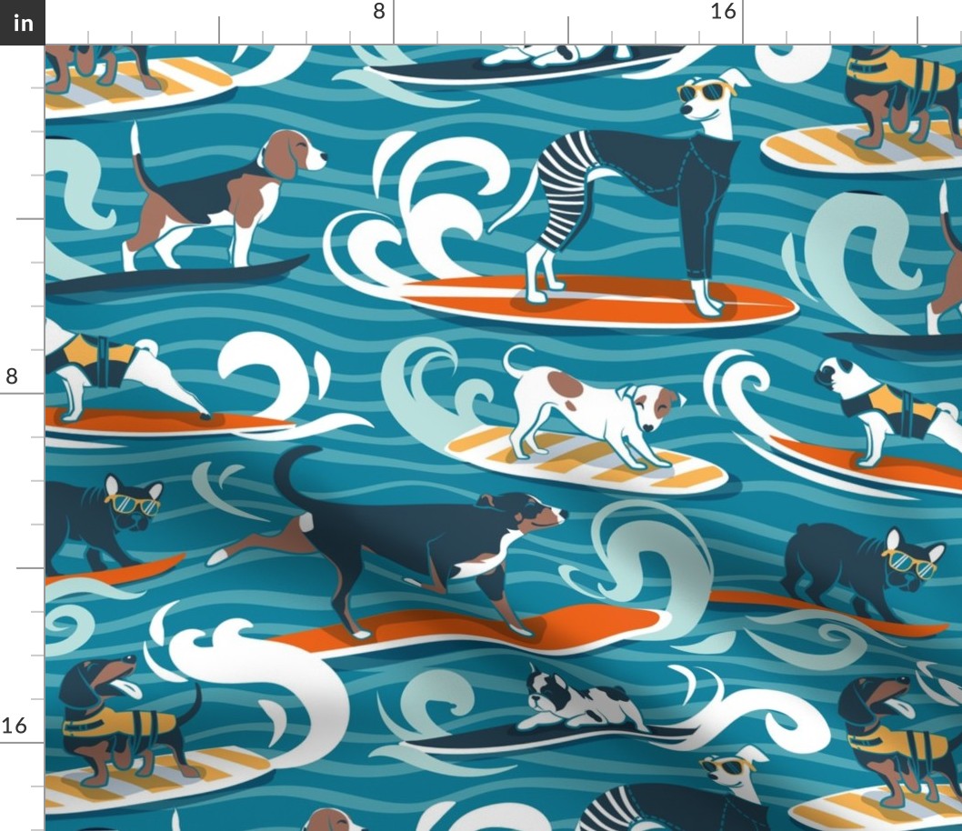 Normal scale // Happy dogs catching waves // turquoise background aqua waves brown white and nile blue doggies orange surf and bodyboards