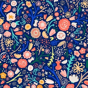 Medium Navy + Royal Floral Garden // © ZirkusDesign Micro Modern Quilt // Small Scale Flowers + Field Botanicals // spring flowers, buds, branches, blue, orange, yellow, cream, blush, green, dots, classic