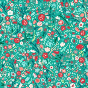 Small Turquoise + Coral Floral Garden Ditsy // © ZirkusDesign Micro Modern Quilt // Small Scale Flowers + Field Botanicals // spring flowers, buds, branches, pink, blush, cream, teal, green, dots, classic