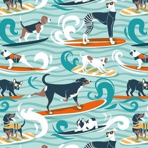 Small scale // Happy dogs catching waves // aqua background teal waves brown white and nile blue (update 2023) doggies orange surf and bodyboards