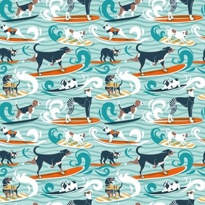 Tiny scale // Happy dogs catching waves // aqua background teal waves brown white and nile blue (update 2023) doggies orange surf and bodyboards