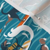 Small scale // Happy dogs catching waves // turquoise background aqua waves brown white and blue doggies orange surf and bodyboards