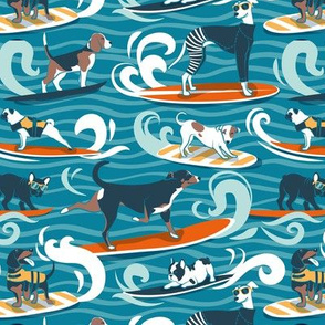 Small scale // Happy dogs catching waves // turquoise background aqua waves brown white and blue doggies orange surf and bodyboards