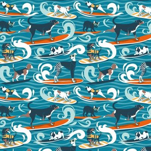 Tiny scale // Happy dogs catching waves // turquoise background aqua waves brown white and blue doggies orange surf and bodyboards