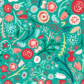 Jumbo Wallpaper Turquoise + Coral Floral Garden // © ZirkusDesign Micro Modern Quilt // Small Scale Flowers + Field Botanicals // spring flowers, buds, branches, pink, blush, cream, teal, green, dots, classic