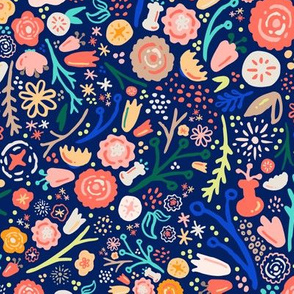 Jumbo Wallpaper Navy + Royal Floral Garden // © ZirkusDesign Micro Modern Quilt // Small Scale Flowers + Field Botanicals // spring flowers, buds, branches, blue, orange, yellow, cream, blush, green, dots, classic
