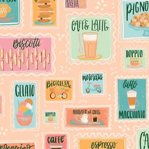 Medium Pastel Cafe Retro Menu Stamps // © ZirkusDesign Italian Coffee Bar Yumminess // Gelato, Biscotti, Latte, Macchiato, Cappucino, Mocaccino, Doppio, Pizzelle, Romano, Bomboloni, Affgogato, Shakerato, Torta, Caprese // Italy Food and Drink