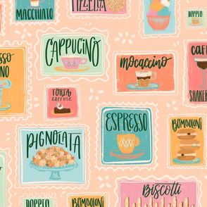 Jumbo Wallpaper Pastel Cafe Retro Menu Stamps // © ZirkusDesign Italian Coffee Bar Yumminess // Gelato, Biscotti, Latte, Macchiato, Cappucino, Mocaccino, Doppio, Pizzelle, Romano, Bomboloni, Affgogato, Shakerato, Torta, Caprese // Italy Food and Drink