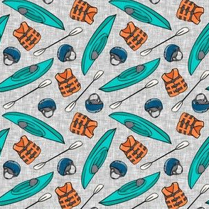 (small scale) kayaking - kayak water sports fabric - blue and teal on grey - LAD21