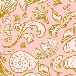 Seashell Damask in Blush Pink and Gold - Large