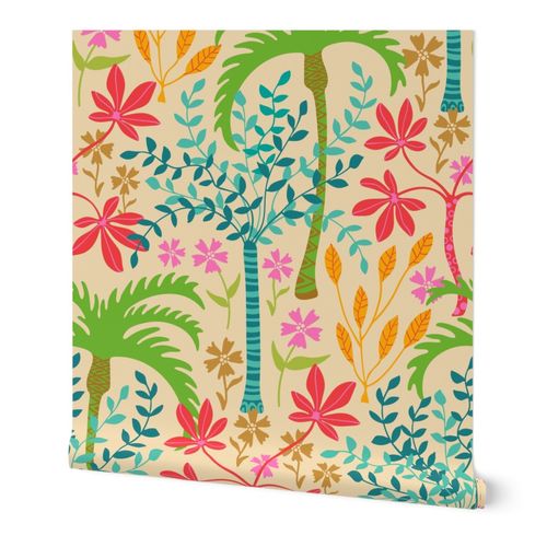 Tropicalia - Tropical Botanical with Palm Trees and Plants - Bright Pink Green Blue Orange Yellow Red Brown - LARGE-Scale - UnBlink Studio by Jackie Tahara