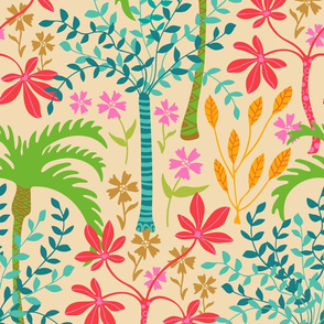 Tropicalia Tropical Floral Botanical with Palm Trees Flowers Plants Leaves in Bright Pink Green Blue Orange Yellow Red Brown on Cream - LARGE-Scale - UnBlink Studio by Jackie Tahara