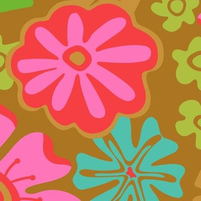 Lush Tropical Big Bloom Floral in Bright Pink Green Blue Red Brown - LARGE-Scale - UnBlink Studio by Jackie Tahara