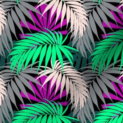 Tropical Leaves in Green Grey Pink