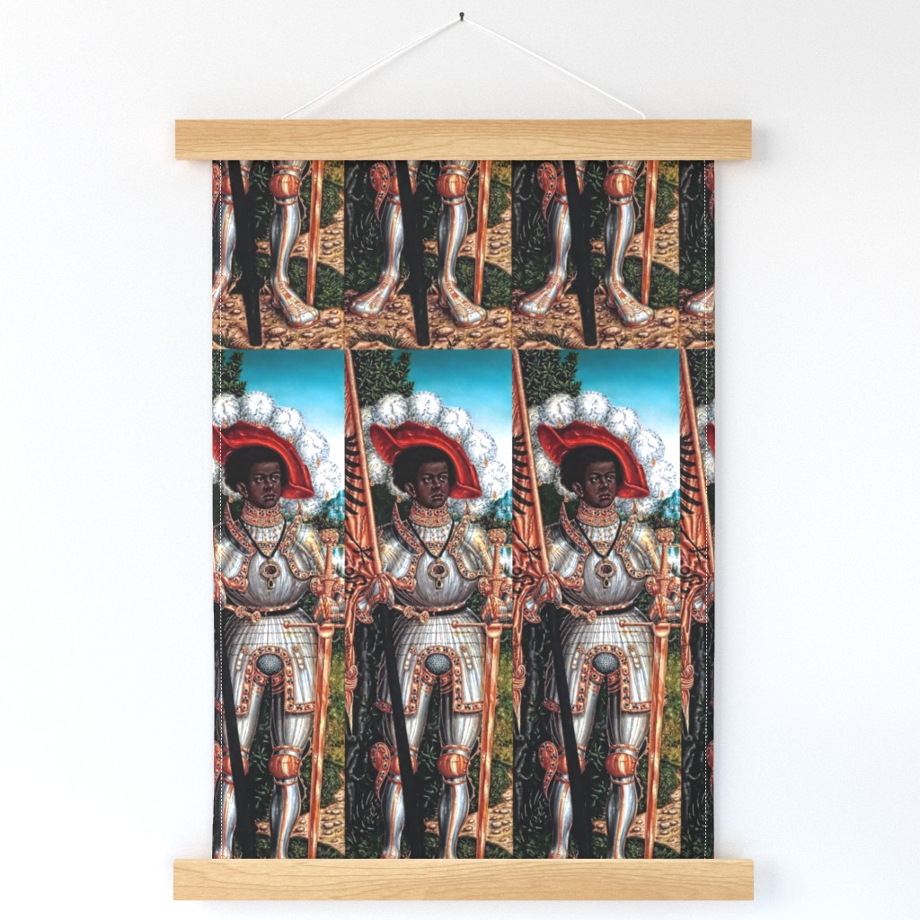 Saint Maurice  sub saharan African Egypt black man POC person of color knight soldier middle ages medieval silver amour flags banner gold sword gem jewels red  hat feather white pom pom  forest sky lakes mountains  baroque historical portraits painting or