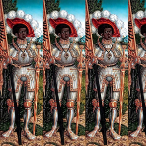 Saint Maurice  sub saharan African Egypt black man POC person of color knight soldier middle ages medieval silver amour flags banner gold sword gem jewels red  hat feather white pom pom  forest sky lakes mountains  baroque historical portraits painting or