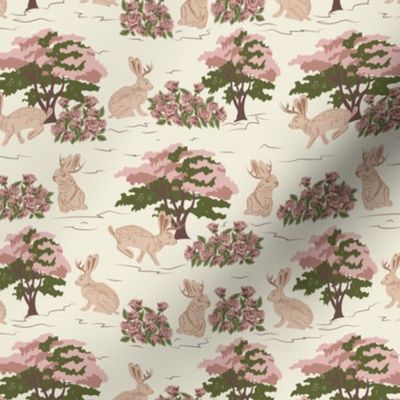 Jackalope Toile- Woodland in Spring- Burnt Almond Desert Sand Rabbit with Rose Quartz Marsala and Deep Olive Green Trees and Rose Bushes on Eggshell Background- Small Scale
