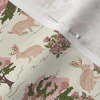 Jackalope Toile- Woodland in Spring- Burnt Almond Desert Sand Rabbit with Rose Quartz Marsala and Deep Olive Green Trees and Rose Bushes on Eggshell Background- Small Scale