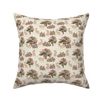 Jackalope Toile- Woodland in Spring- Burnt Almond Desert Sand Rabbit with Rose Quartz Marsala and Deep Olive Green Trees and Rose Bushes on Eggshell Background- Small Scale