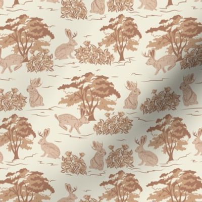 Jackalope Toile- Woodland in Spring- Burnt Almond Desert Sand Tan Rabbit Trees and Rose bushes on Eggshell Background- Small Scale