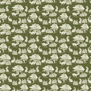 Jackalope Toile- Woodland in Spring- Pale Sage Eggshell Rabbit Trees and Rose bushes on Deep Olive Green Background- Small Scale