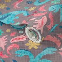 blue fire dragons  - warm grey  linen - large scale
