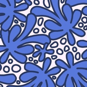 259 - $ Large scale cottage garden periwinkle blue and off white Matisse inspired abstract floral shapes and pebbles for home decor, cotton floral duvet, modern decor and show stopping skirts and appbold and vibrant