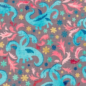 Blue fire dragons - warm grey linen - medium size 