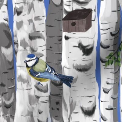 Birch tree with blue tits - medium