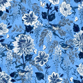 Japanese Anemones & Wisteria Toile (chintz blue) 18"