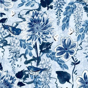 Japanese Anemones & Wisteria Toile (dusty blue) 12”