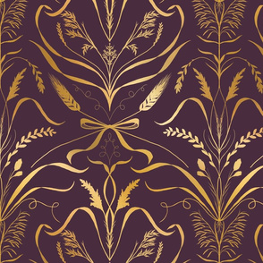 Gold Foil Wild Grass Damask on Eggplant