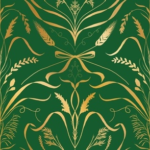 Gold Foil Wild Grass Damask, Emerald