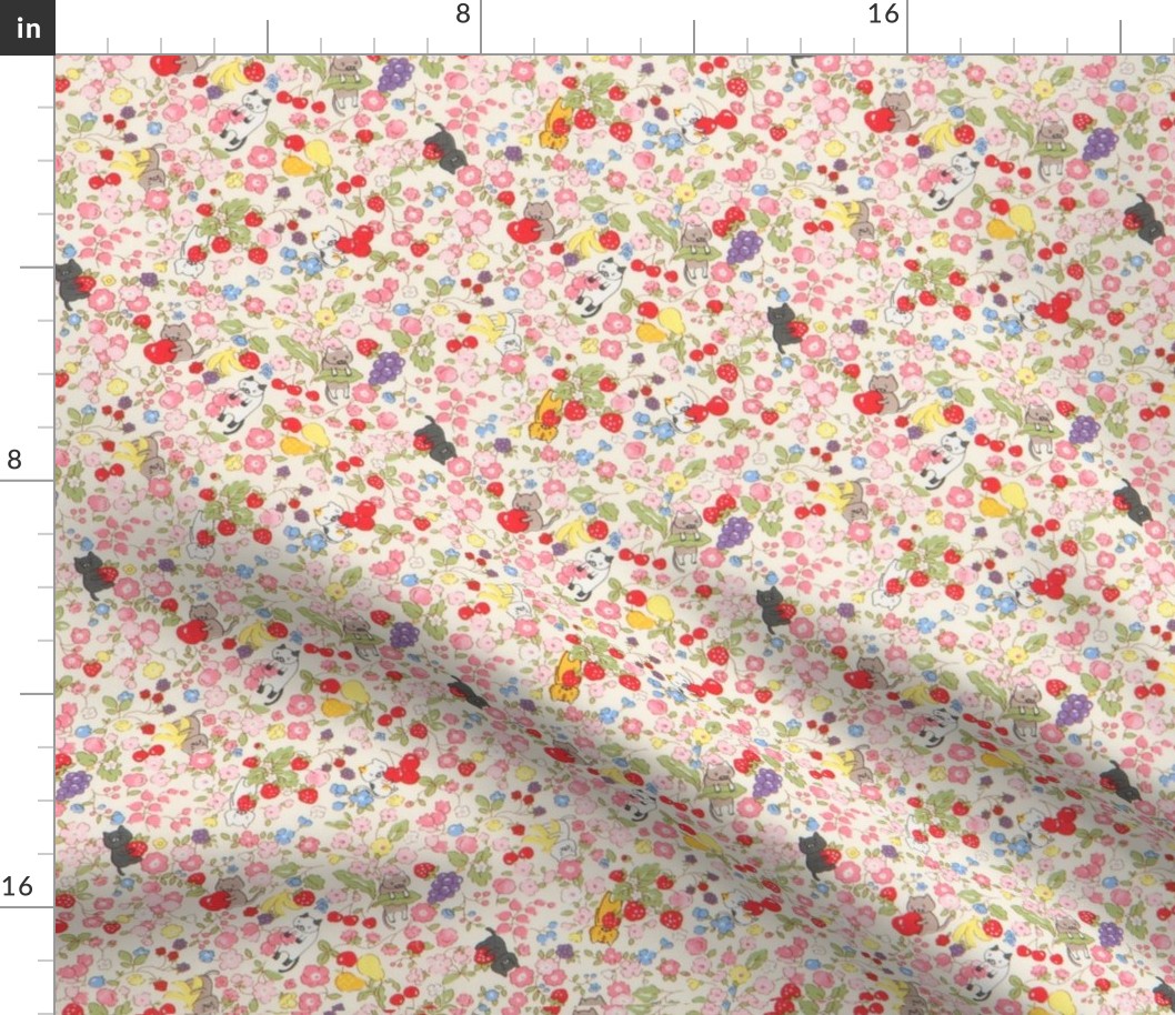 cream cat fabric with colorful flowers