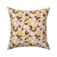 Lush citrus garden botanical boho lemons and summer leaves kitchen restaurant soft pink bright yellow