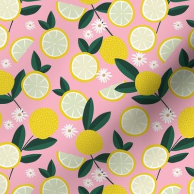 Lush citrus garden botanical boho lemons and summer leaves kitchen restaurant soft pink bright yellow